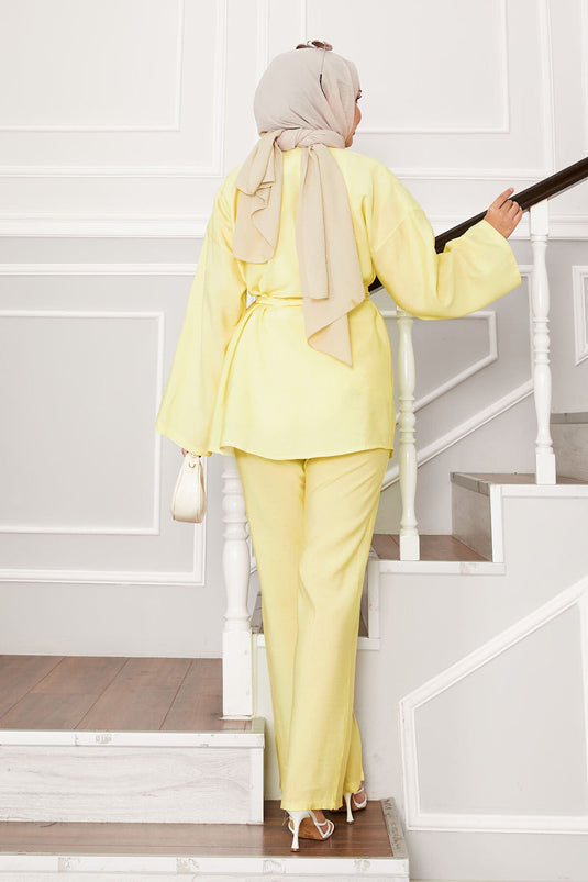 Kuşaklı Ve Düğmeli Kimono Takım Sarı