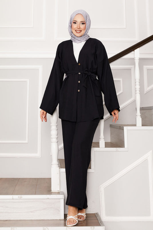 Kuşaklı Ve Düğmeli Kimono Takım Siyah