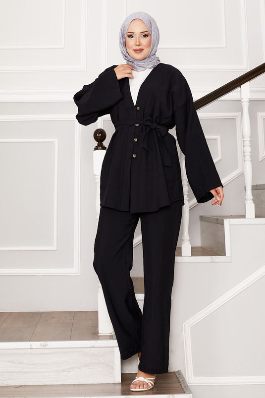 Kuşaklı Ve Düğmeli Kimono Takım Siyah