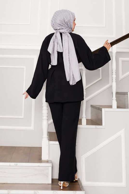 Kuşaklı Ve Düğmeli Kimono Takım Siyah