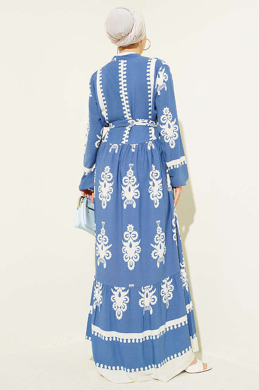 Robe en viscose à motifs avec ceinture et demi-boutons, indigo