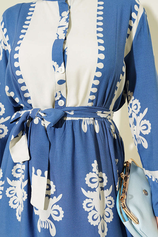 Robe en viscose à motifs avec ceinture et demi-boutons, indigo