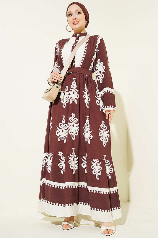 Robe en viscose à motifs avec ceinture et demi-boutons, couleur café