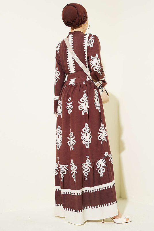 Robe en viscose à motifs avec ceinture et demi-boutons, couleur café