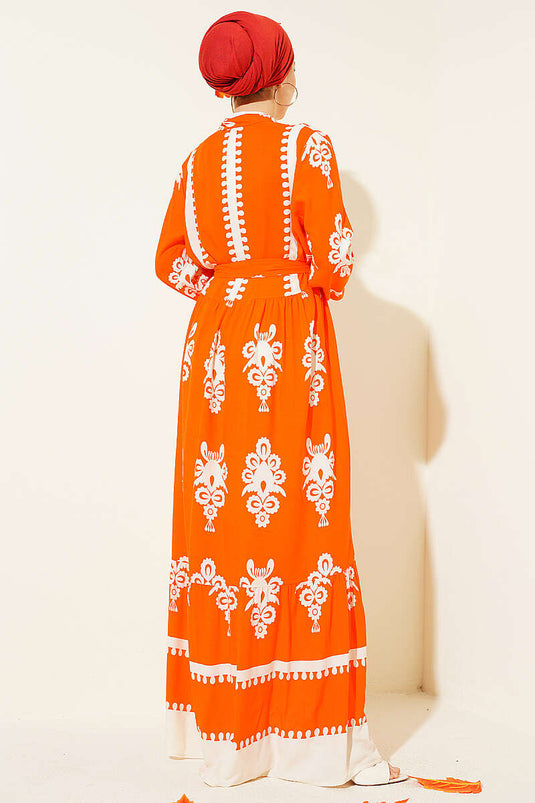 Robe en viscose à motifs avec ceinture et demi-boutons orange