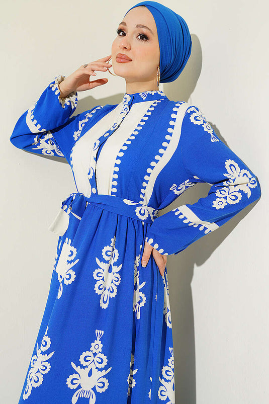 Robe en viscose à motifs avec ceinture et demi-boutons bleu saphir