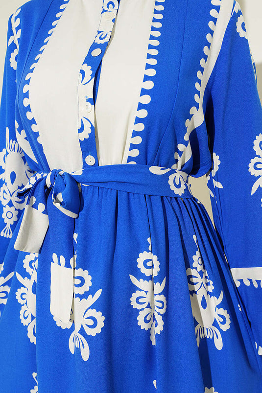 Robe en viscose à motifs avec ceinture et demi-boutons bleu saphir