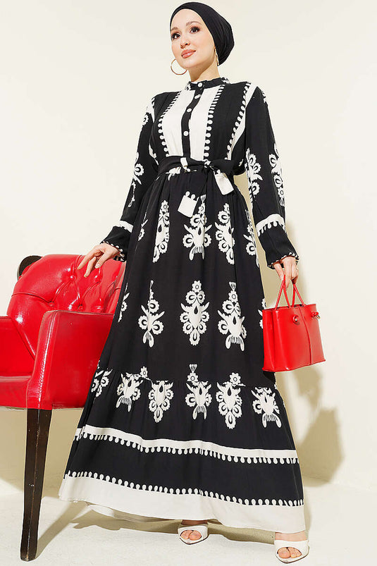 Robe en viscose à motifs avec ceinture et demi-boutons noire