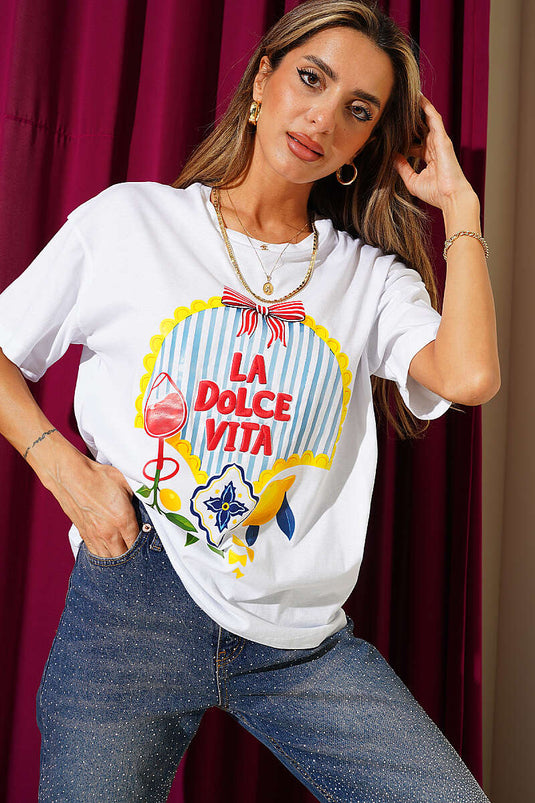 La Dolce Vita Nakışlı T-shirt Beyaz
