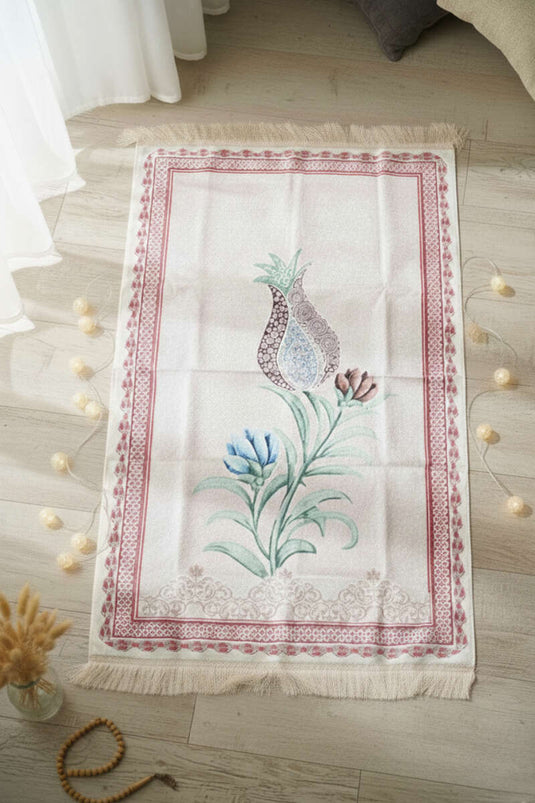 Lale Motifli Keseli Seccade Bordo Bej