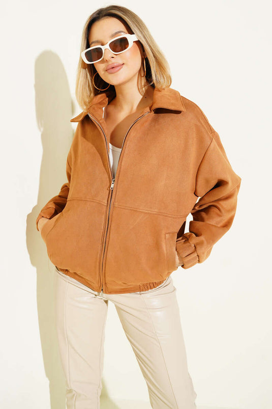 Veste avec détails élastiques et fermeture éclair, beige