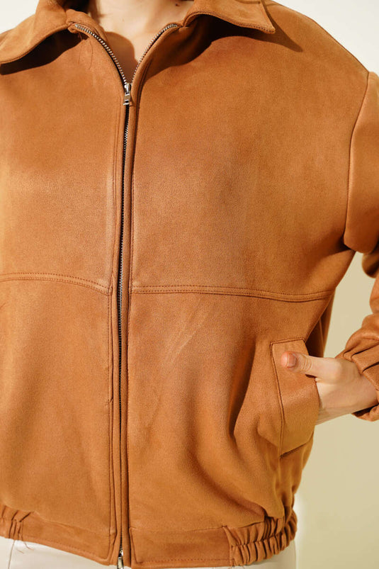 Veste avec détails élastiques et fermeture éclair, beige