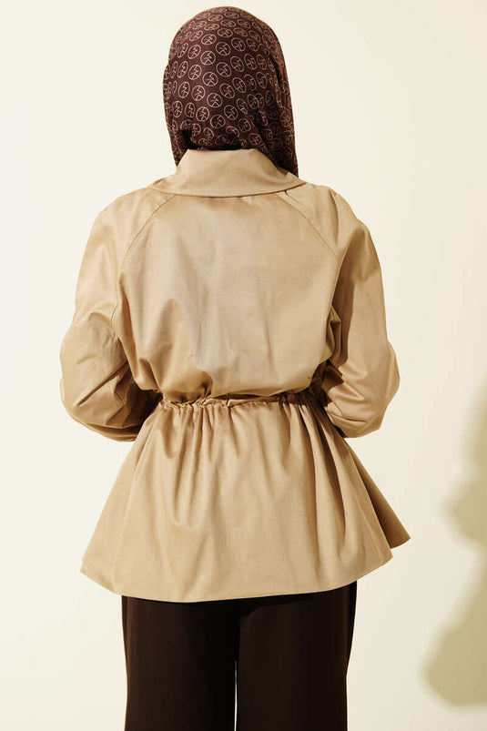 Beige Jacket with Elastic Waist, Tunnel, and Zipper