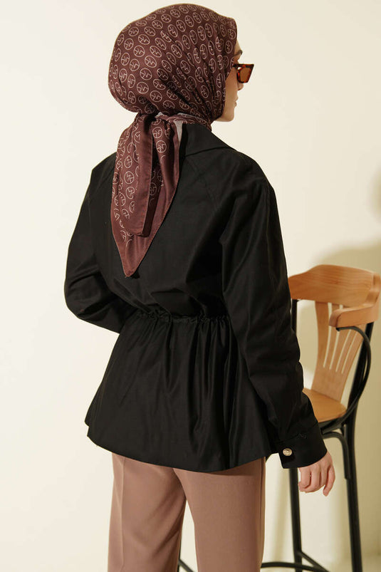 Black Elastic Waist Tunnel Zipper Jacket