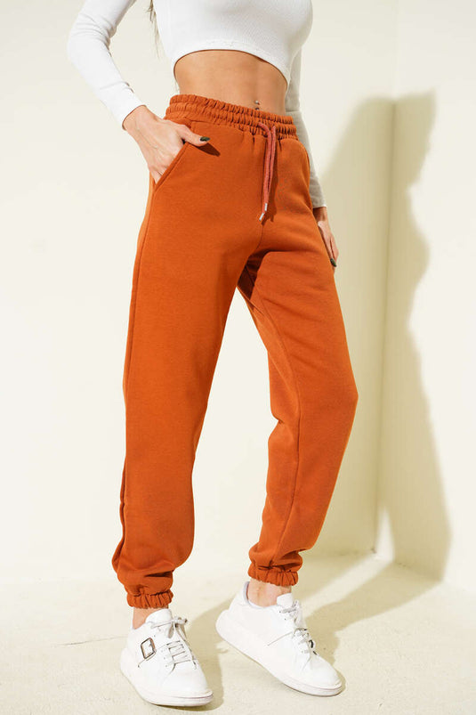 بنطال رياضي مطاطي بثلاثة خيوط، لون بني فاتح