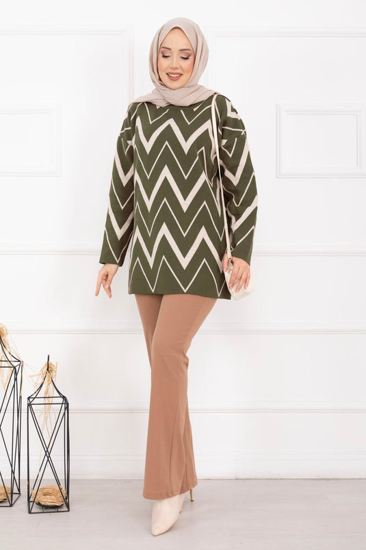 Lavin Zikzak Desen Triko Kazak Haki