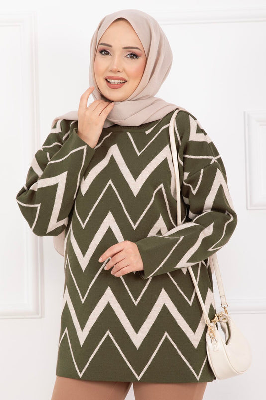 Lavin Zikzak Desen Triko Kazak Haki