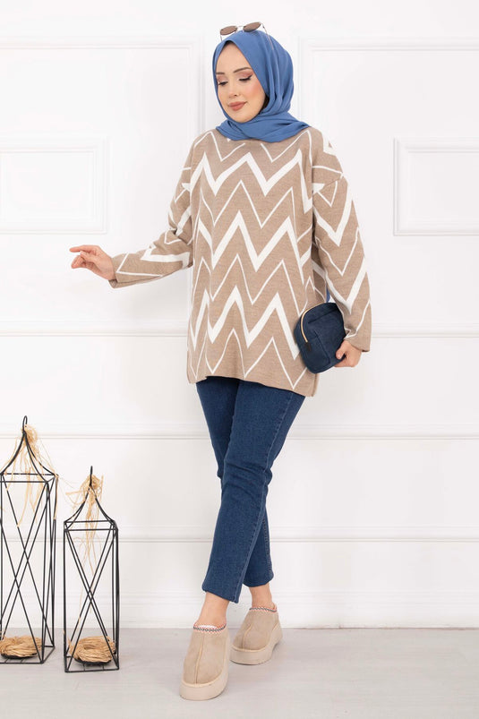 Lavin Zikzak Desen Triko Kazak Vizon