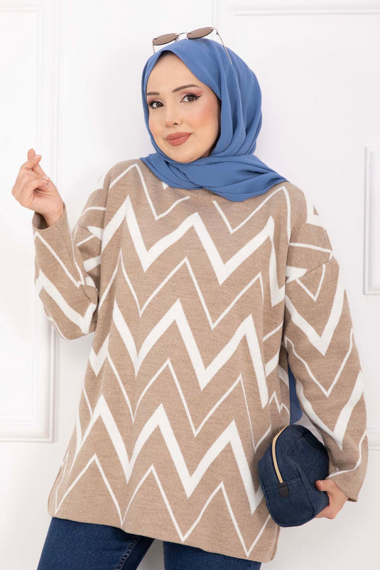 Lavin Zikzak Desen Triko Kazak Vizon