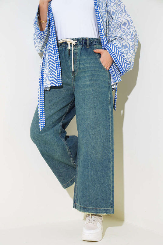 Lazer Geniş Paça Kot Pantolon Yeşil Tint