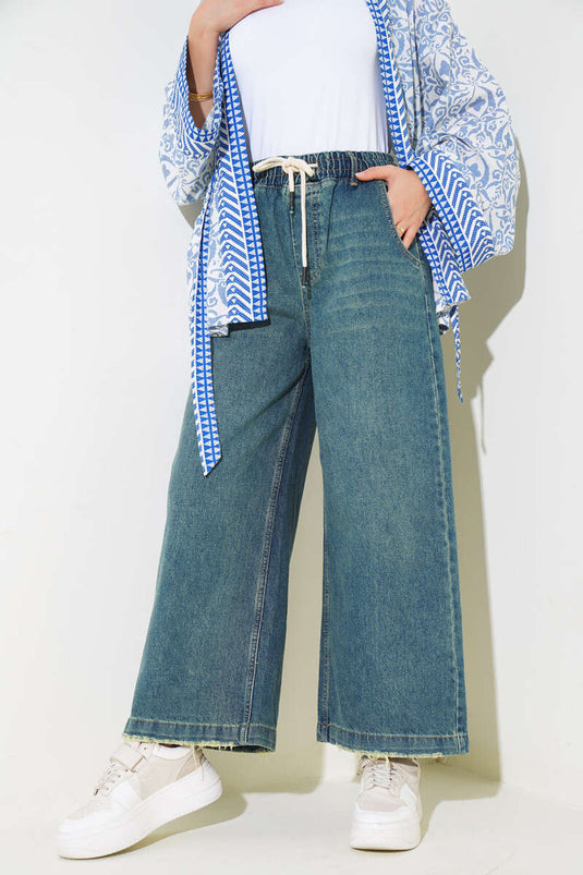 Lazer Geniş Paça Kot Pantolon Yeşil Tint