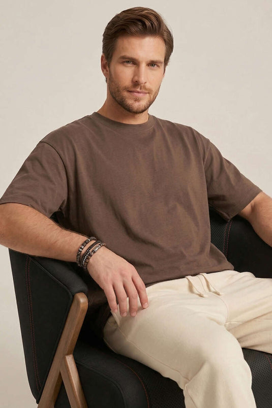 Lazer Kesim Basic Erkek T-shirt Kahve