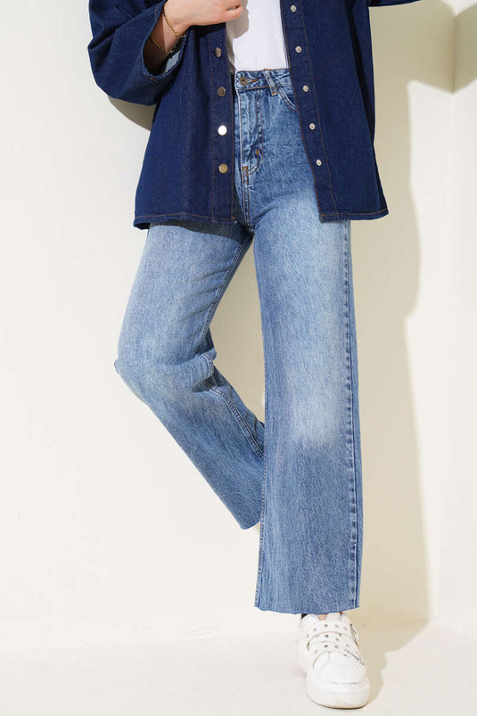 Lazer Kesim Bol Paça Pantolon Orta Mavi Kar