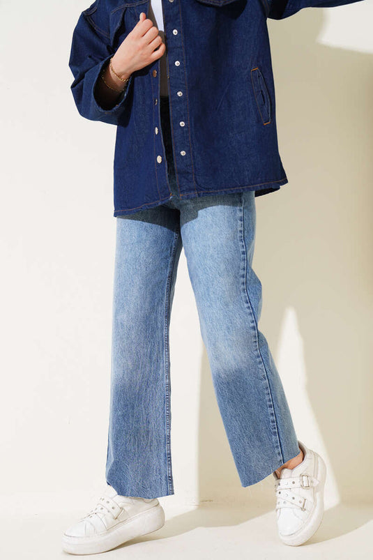 Laser Cut Wide Leg Trousers Medium Blue Snow