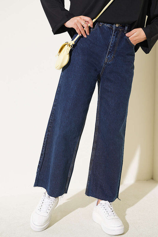 Pantaloni In Denim Blu Navy Con Taglio Laser E Tasche