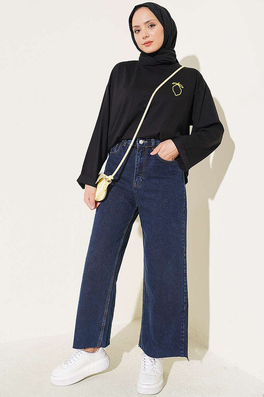 Pantaloni In Denim Blu Navy Con Taglio Laser E Tasche