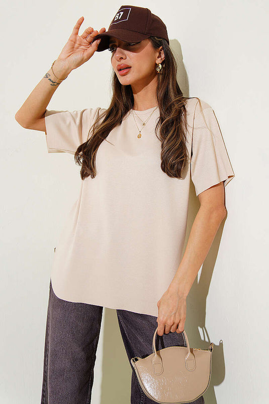 Lazer geschnittenes Basic-T-Shirt Beige