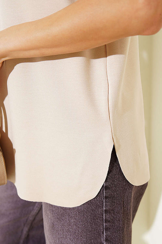 Lazer geschnittenes Basic-T-Shirt Beige