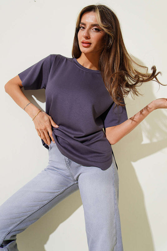 Lazer Kesimli Basic T-shirt Füme