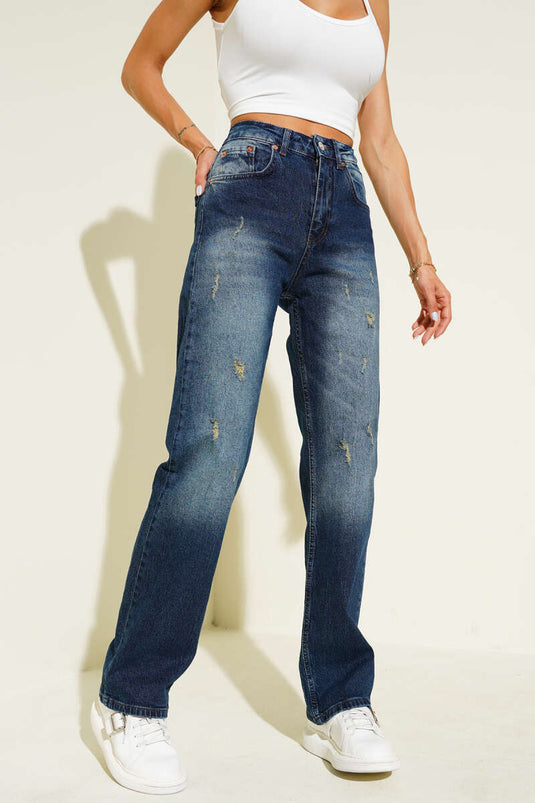 Lazer Yıpratmalı Boru Paça Kot Pantolon Mavi