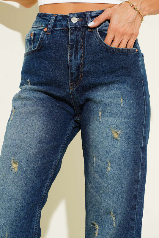 Lazer Yıpratmalı Boru Paça Kot Pantolon Mavi