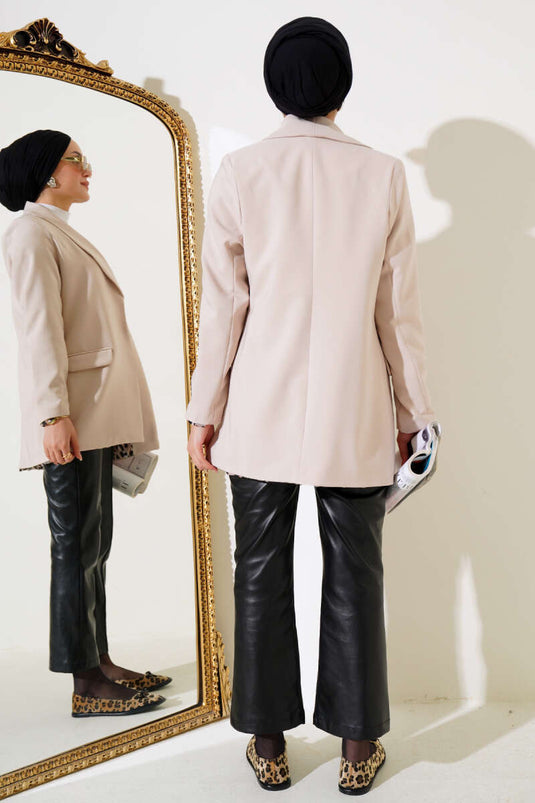 Veste Léopard à Rabat et Poches Doublée Beige