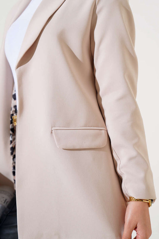 Veste Léopard à Rabat et Poches Doublée Beige