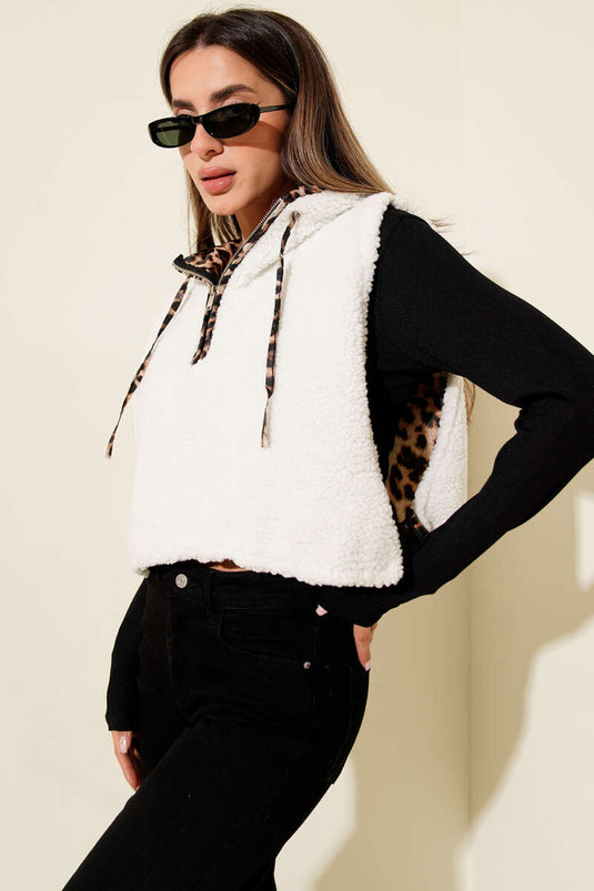 Leopar Astarlı Peluş Kısa Yelek Ekru