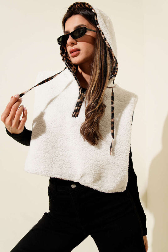 Leopar Astarlı Peluş Kısa Yelek Ekru