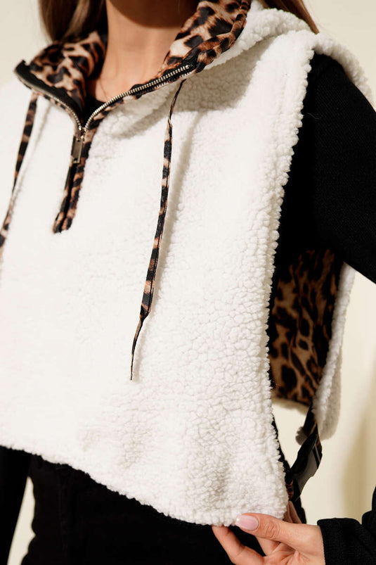 Leopar Astarlı Peluş Kısa Yelek Ekru