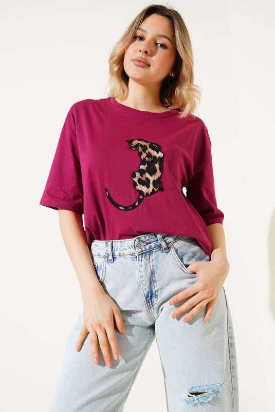 T-shirt basique imprimé léopard prune