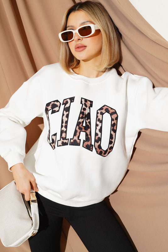 Sweat-shirt à trois fils avec motif léopard écru