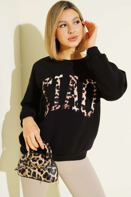 Sweat-shirt noir en molleton triple fil à motif léopard