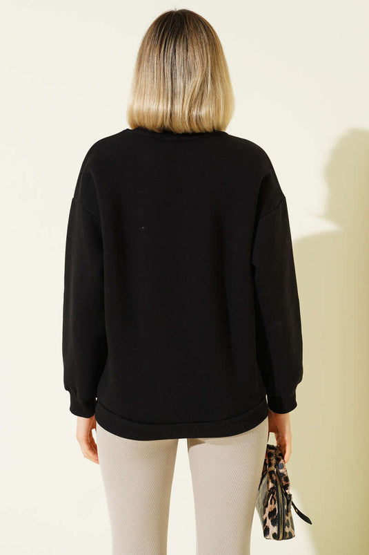 Sweat-shirt noir en molleton triple fil à motif léopard