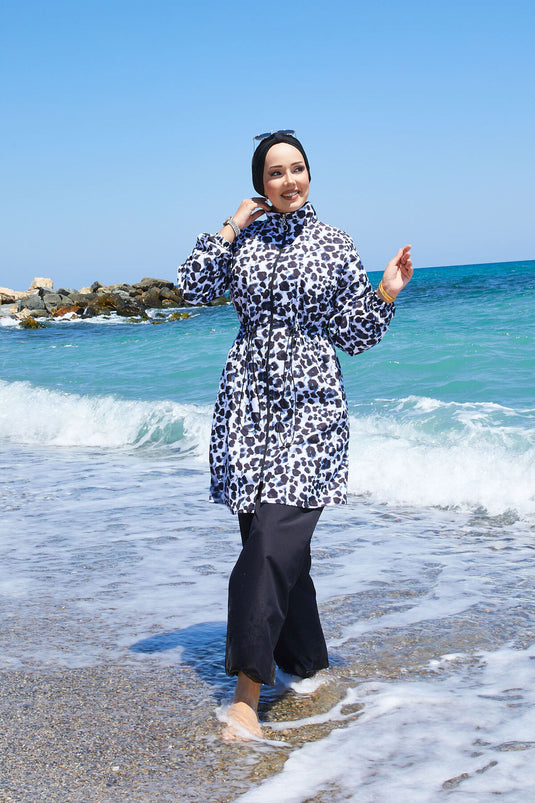 Leopard Waist Pleated Hijab Swimsuit Black