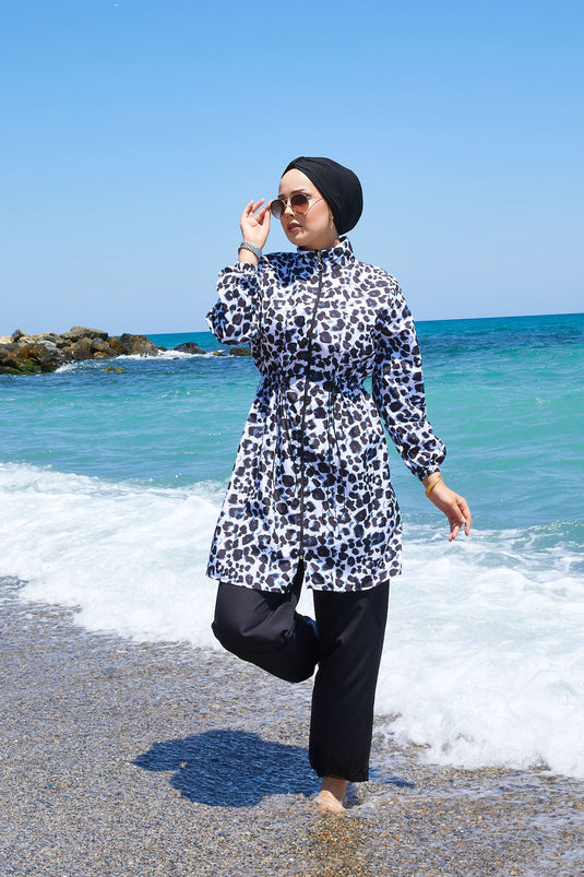 Luipaard taille geplooide hijab badpak zwart
