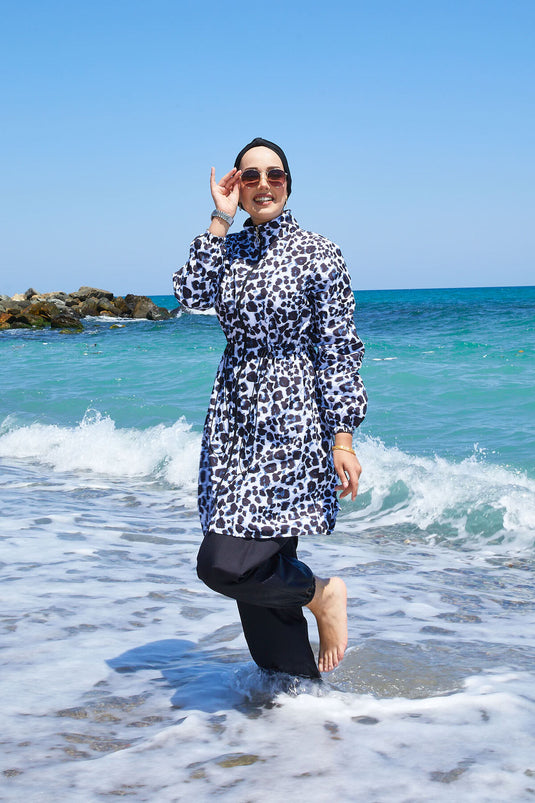 Luipaard taille geplooide hijab badpak zwart