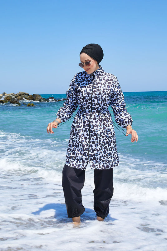 Luipaard taille geplooide hijab badpak zwart