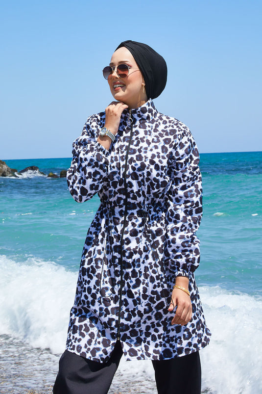 Luipaard taille geplooide hijab badpak zwart