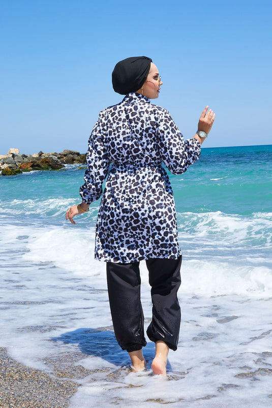 Luipaard taille geplooide hijab badpak zwart